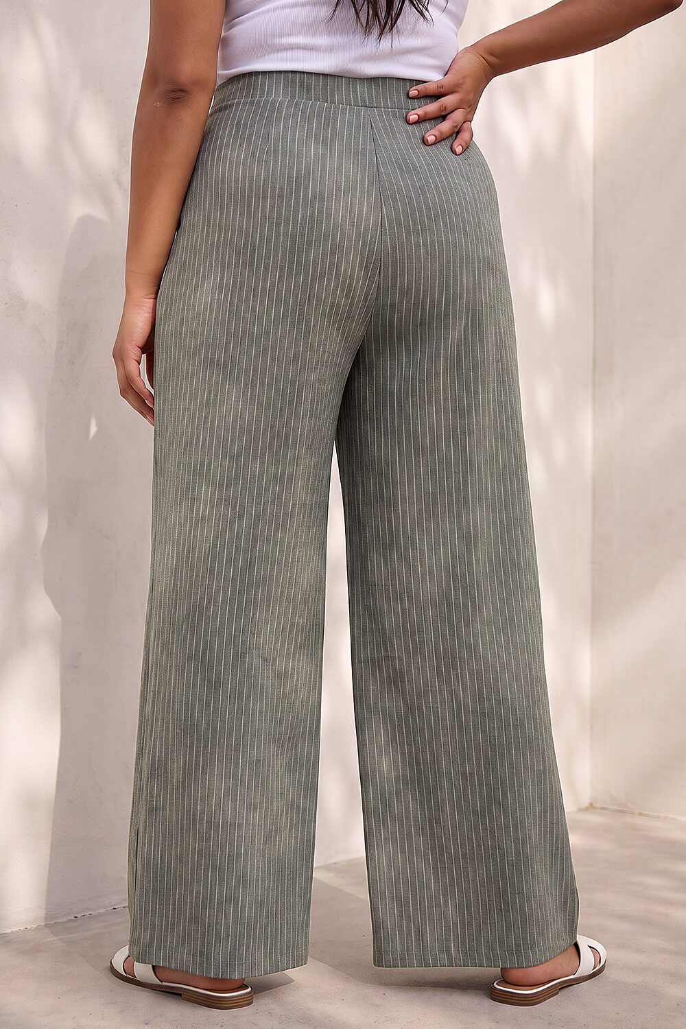 Dark Grey Curve Pinstripe Elastic Waist Trouser , Image 4 of 4