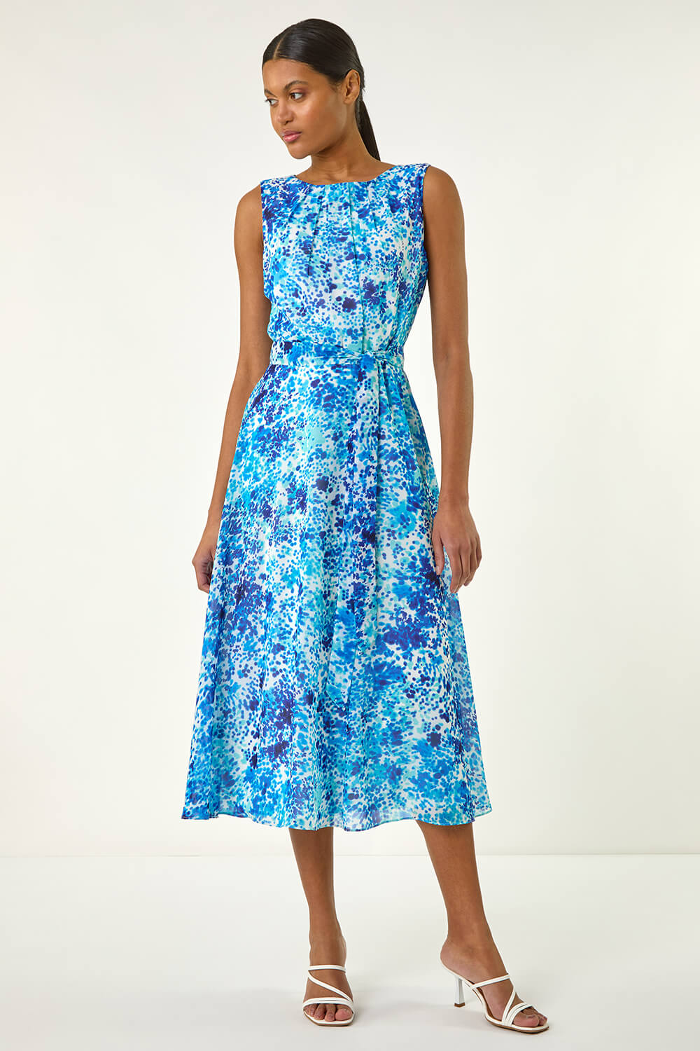 Blue Spot Print Pleated Chiffon Dress, Image 3 of 5