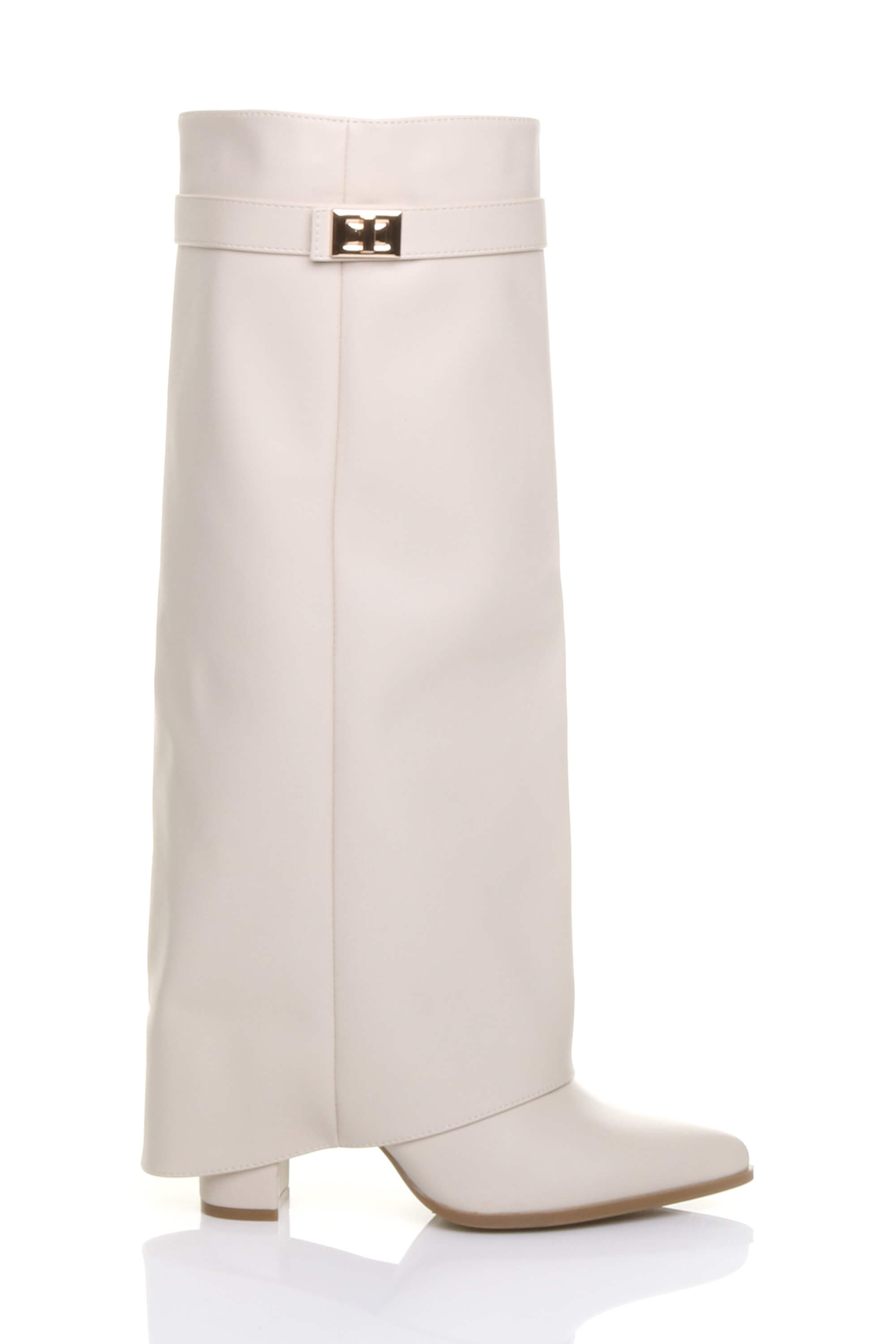 Black High Block Heel Pointed Toe Fold Over Knee Boots