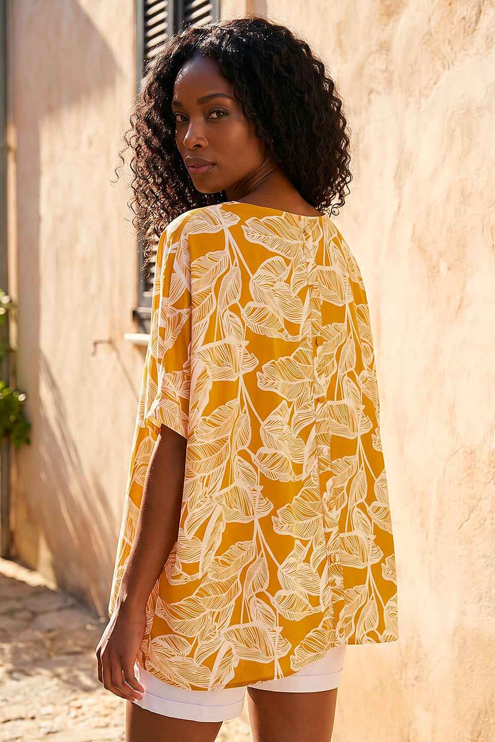 Yellow Leaf Print Buttoned Back Top, Image 4 of 4