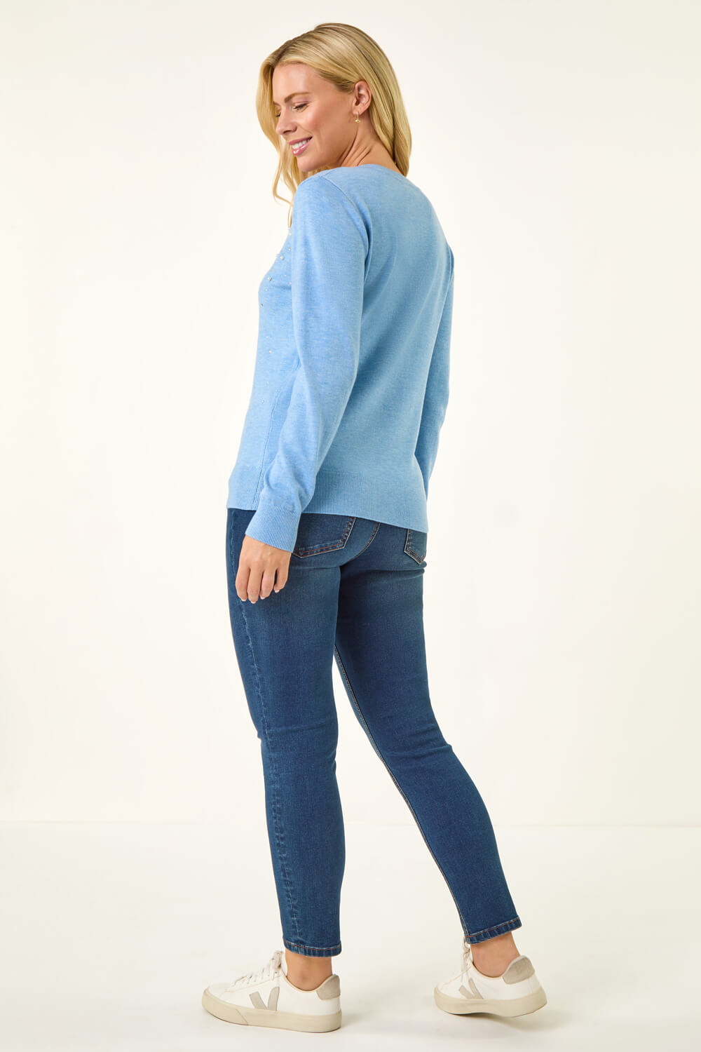 Blue Petite Embellished Faux Pearl Knit Jumper, Image 5 of 5
