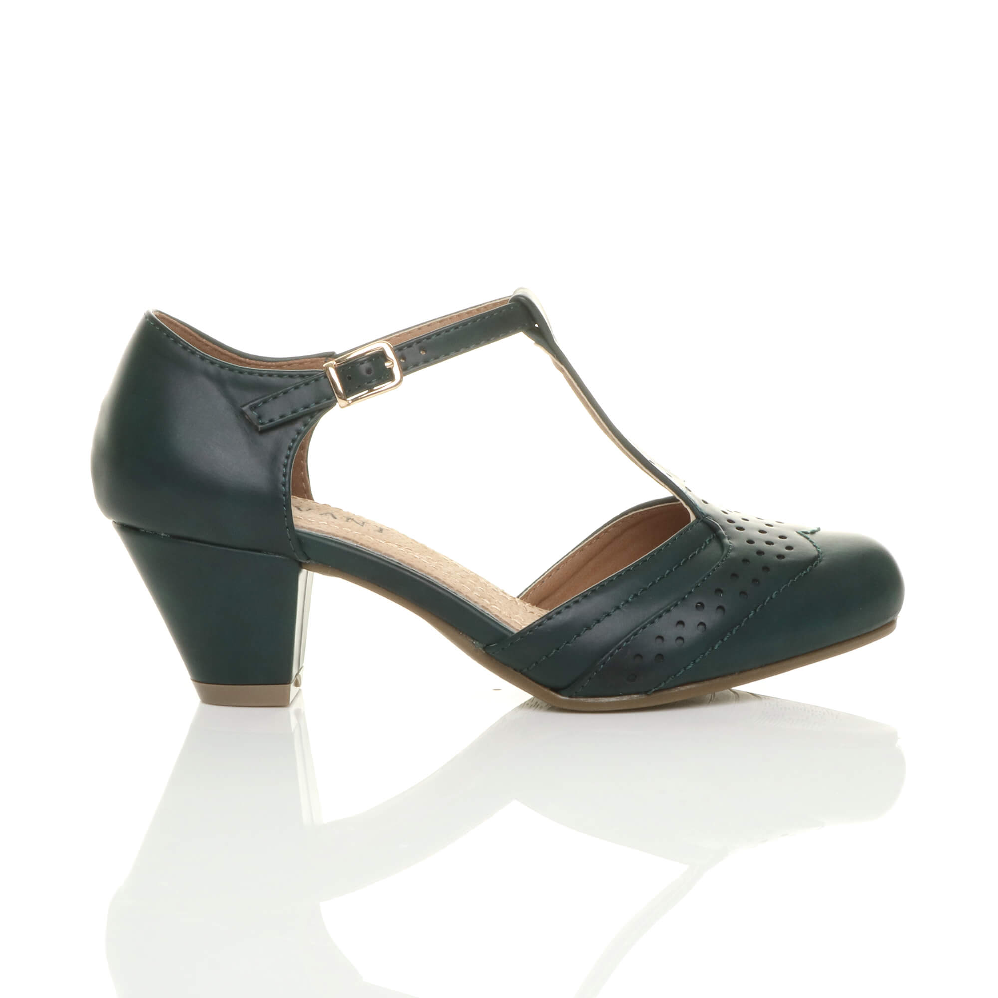 Dark Green Mid Heel Comfort T-Bar Brogue Heels, Image 2 of 6