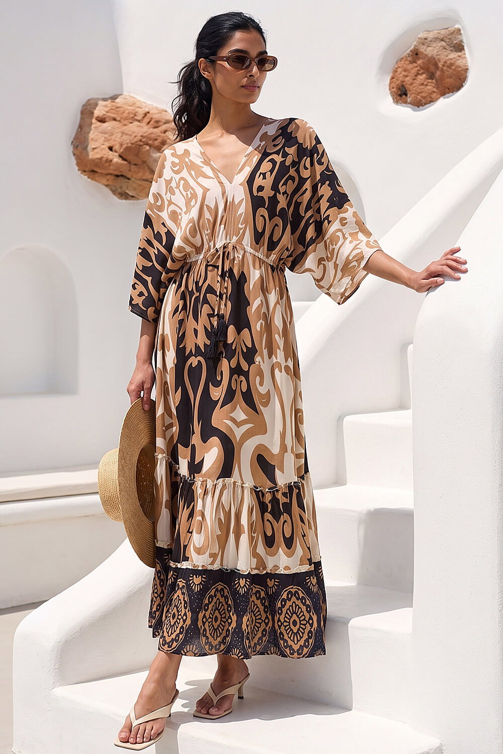 Roman Women's Tan Boho Border Print Maxi Dress Size 18