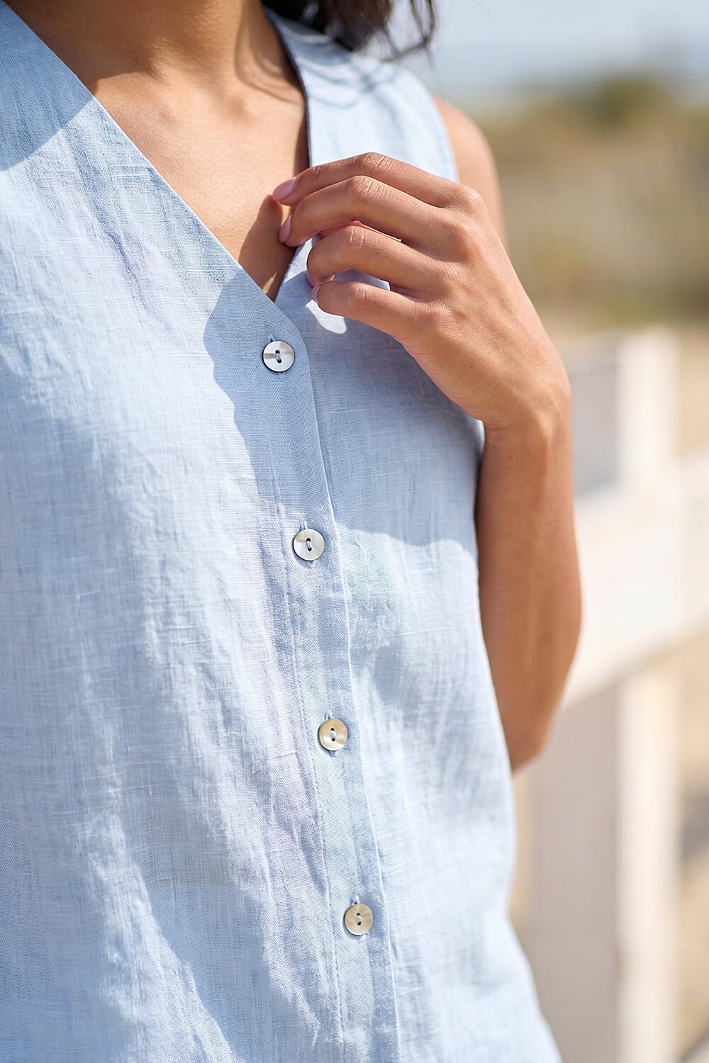 Blue Petite Buttoned Sleeveless Blouse, Image 5 of 4