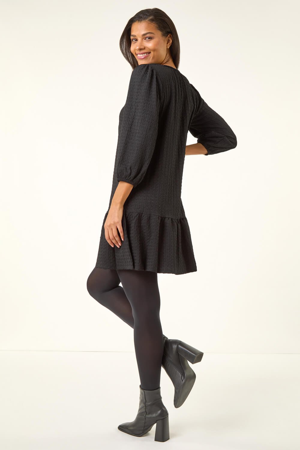 Black Textured V-Neck Frill Hem Smock Dress, Image 4 of 5