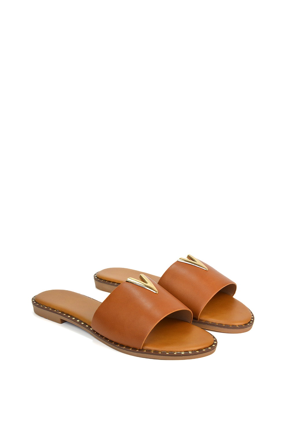 Tan XY LONDON Tan 'Rorie' Slip On Cut Out Flat Sandal Sliders, Image 5 of 5