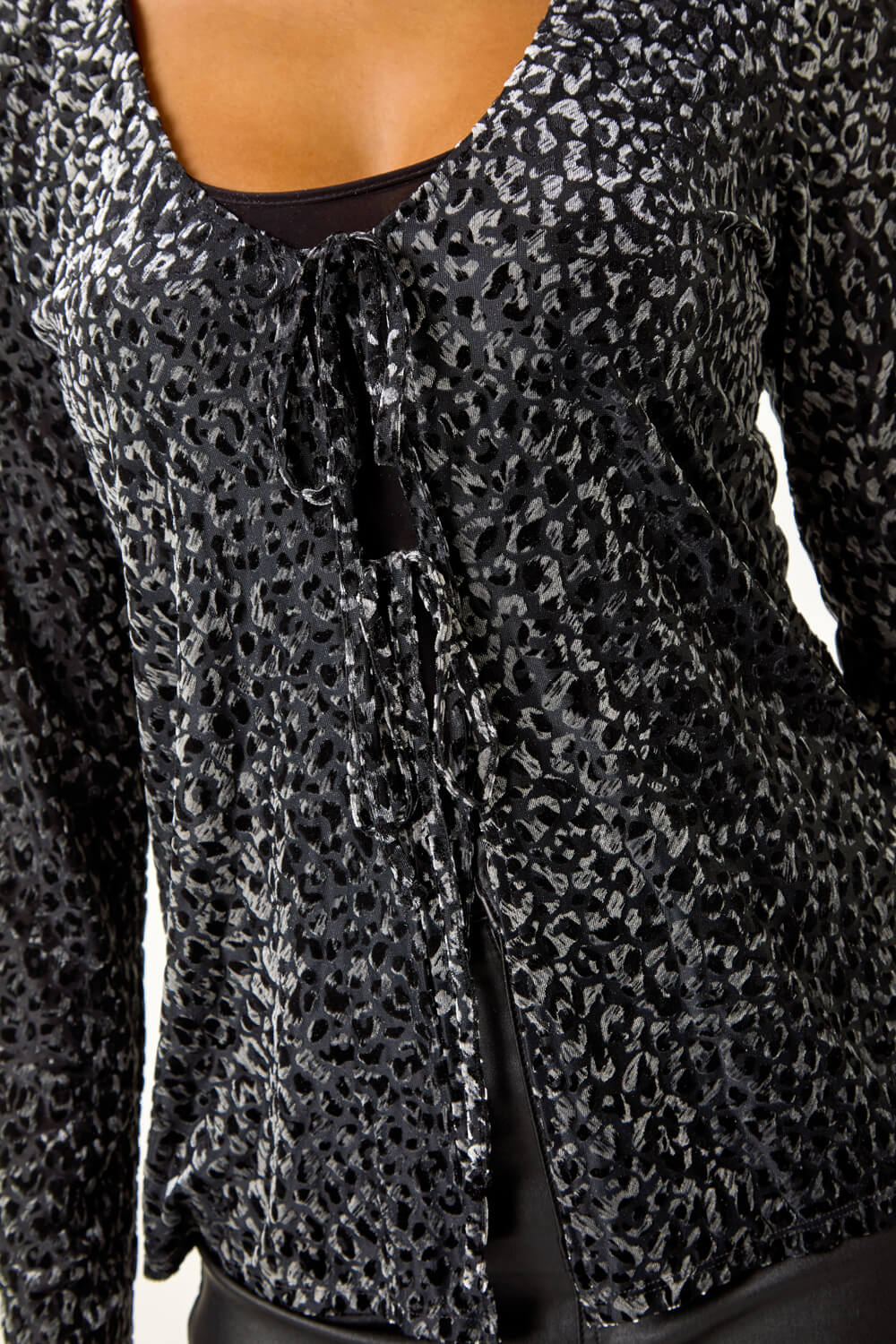 Grey Front Tie Velvet Animal Print Burnout Top, Image 6 of 7