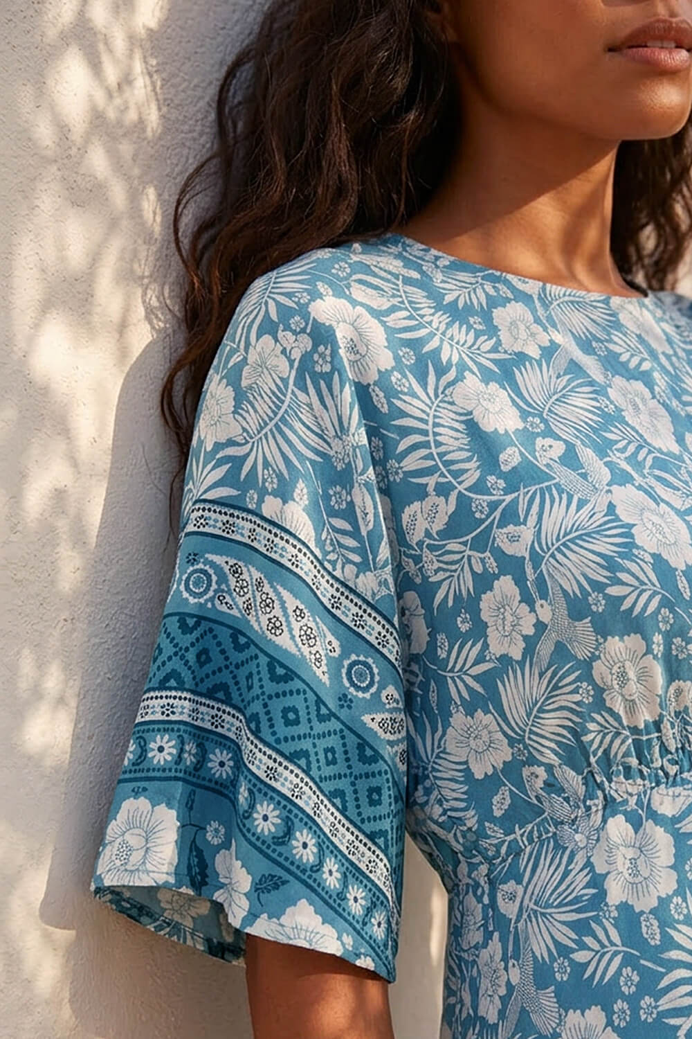 Light Blue Floral Border Print Midi Dress, Image 5 of 4