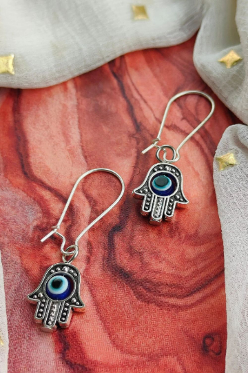 Silver Long Silver Evil Eye Hamsa Dangle Earrings, Image 2 of 4