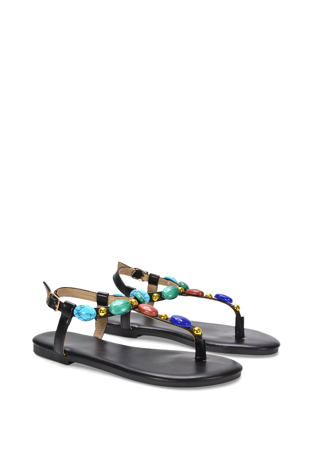 Black XY LONDON Black 'Sylva' Embellished Jewel Stone Flat T-Bar Sandals, Image 3 of 6