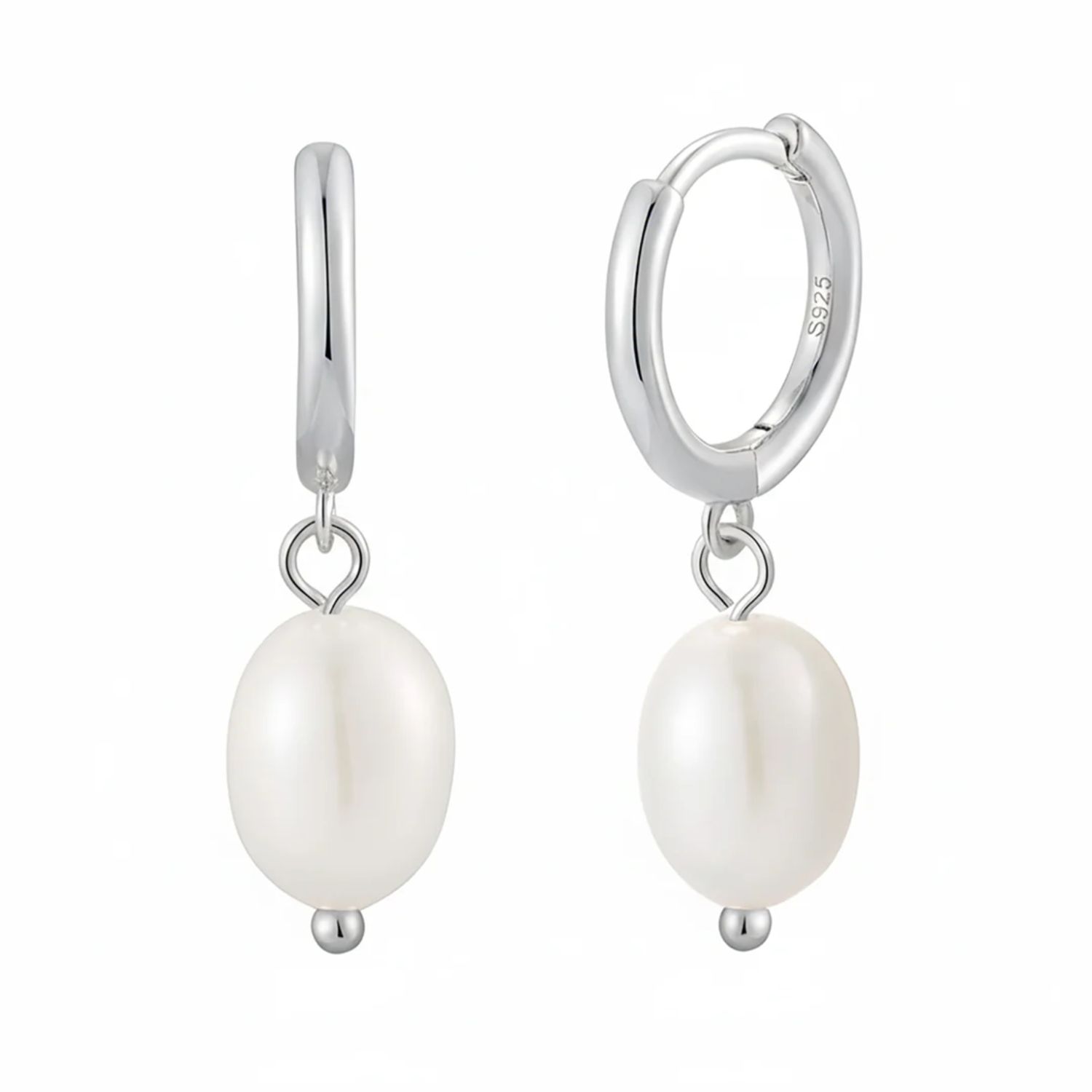 Metallic Minimalist Freshwater Pearl Silver Huggie Hoop Earrings
