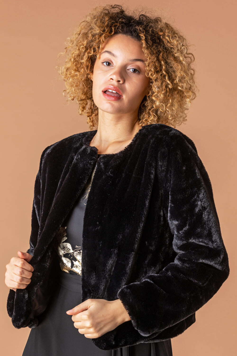 Black Faux Fur Bolero Jacket, Image 1 of 4