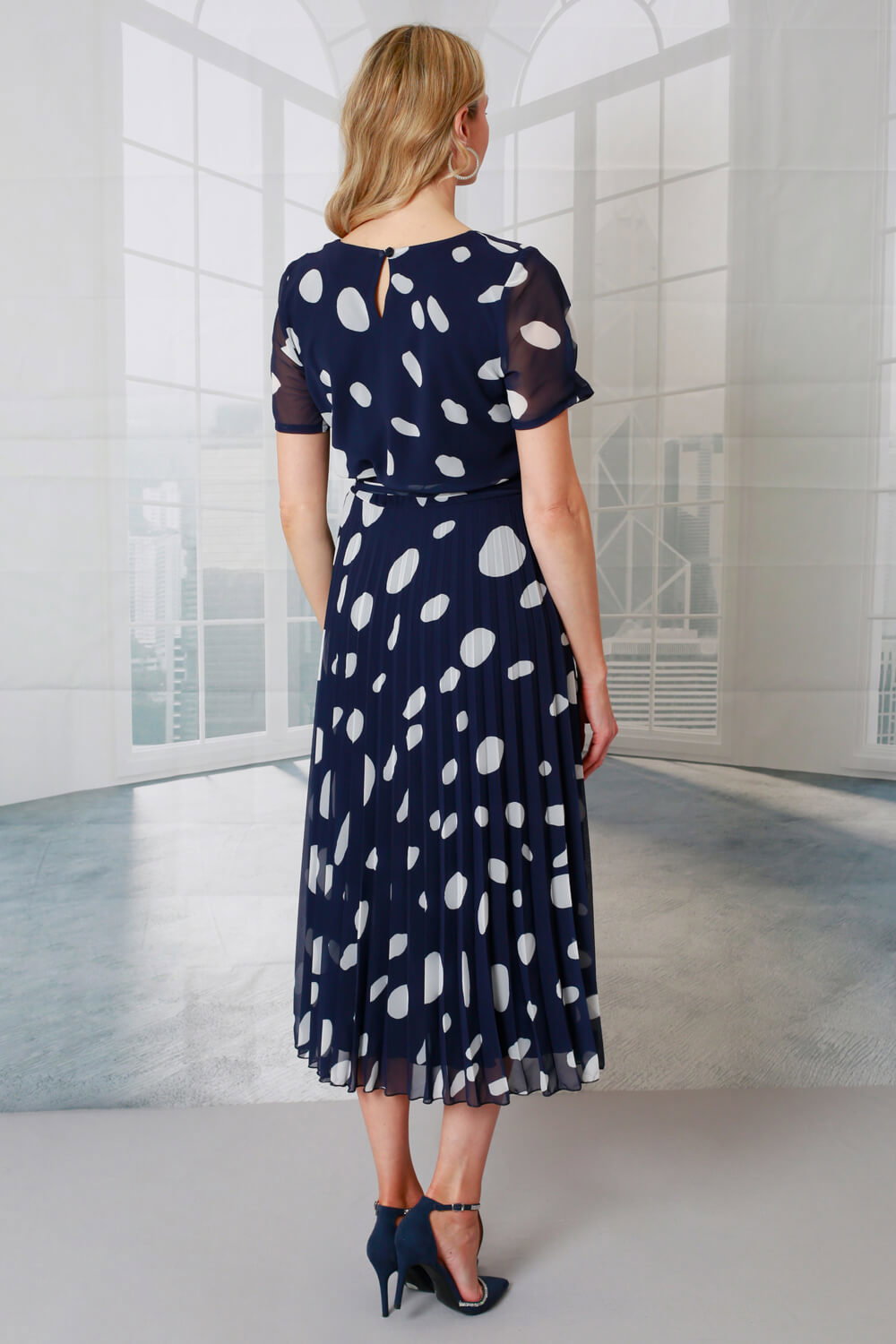 Navy Julianna Spot Print Pleated Midi Dress, Image 3 of 3
