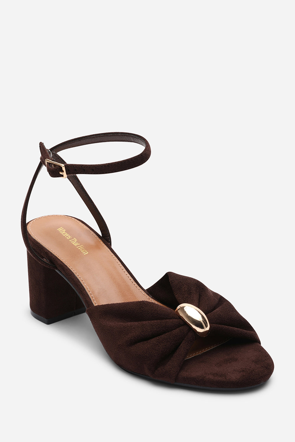 Dark Brown Bluebird Block Heel Ruched Buckle Sandal, Image 2 of 4