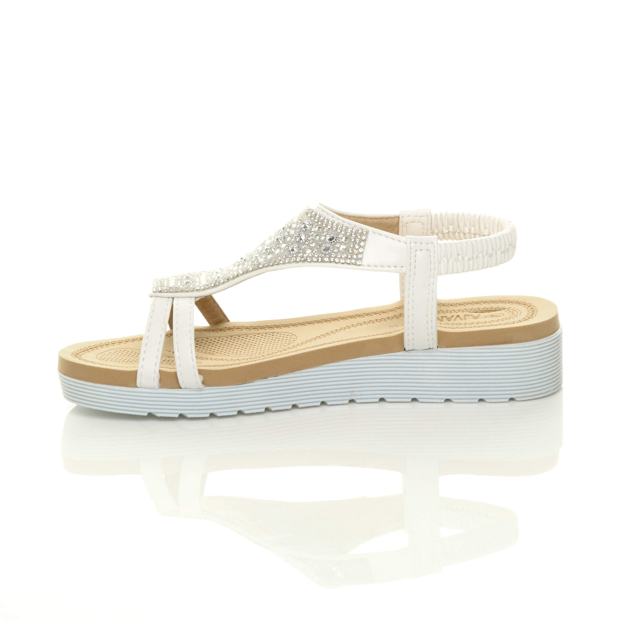 White AJVANI White Flatform Diamante T-Bar Slingback Sandals, Image 3 of 6