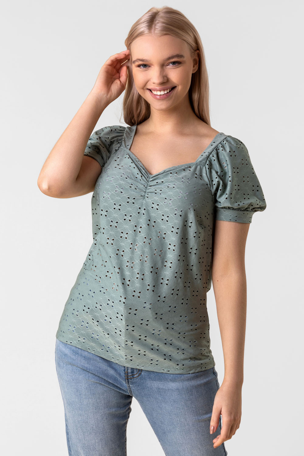 Sage Sweetheart Gathered Broderie Top, Image 5 of 5
