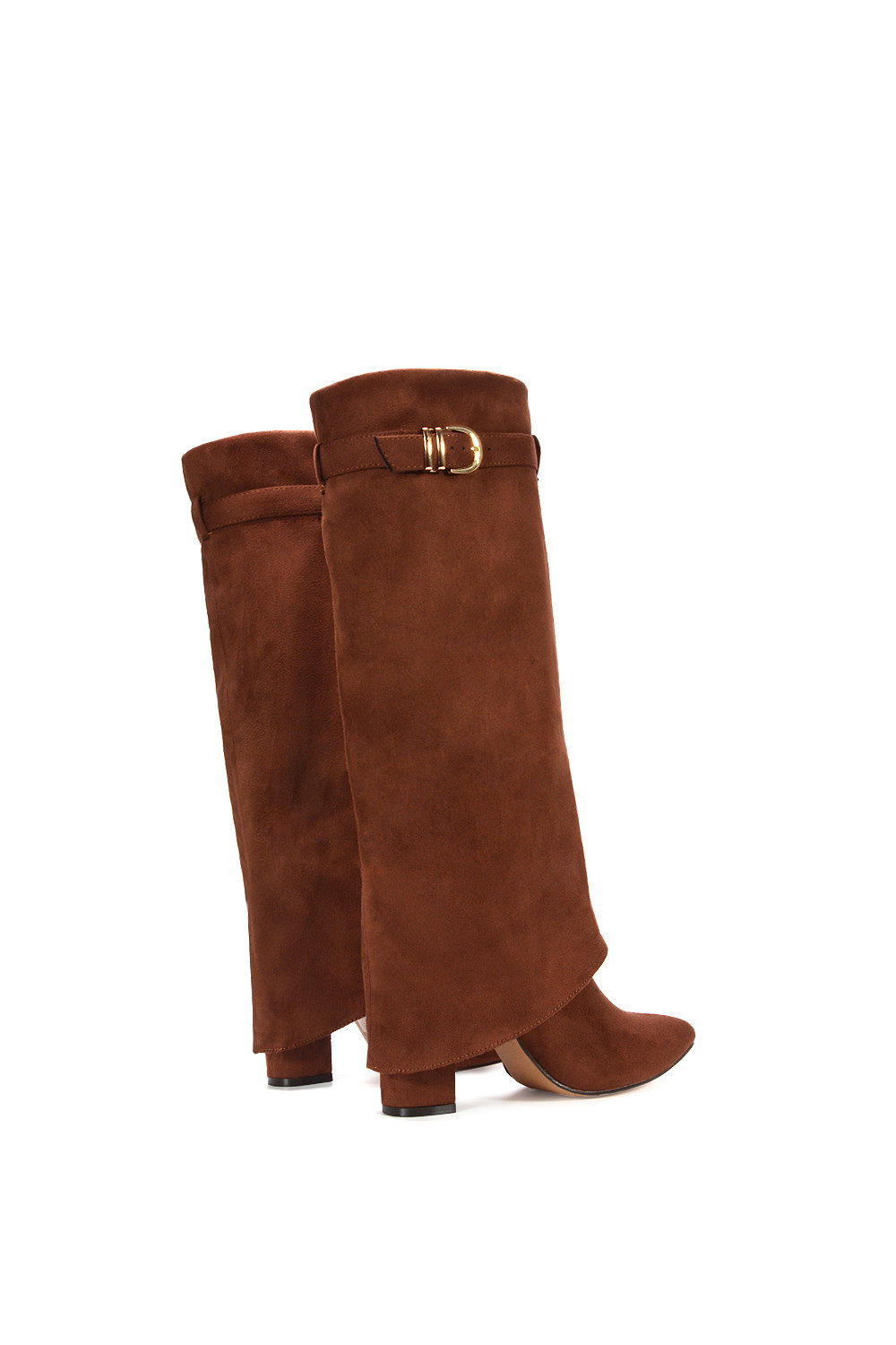 Brown XY LONDON Brown 'Aaliyah' Fold Over Boots Block Heel Buckle Point Toe, Image 4 of 6