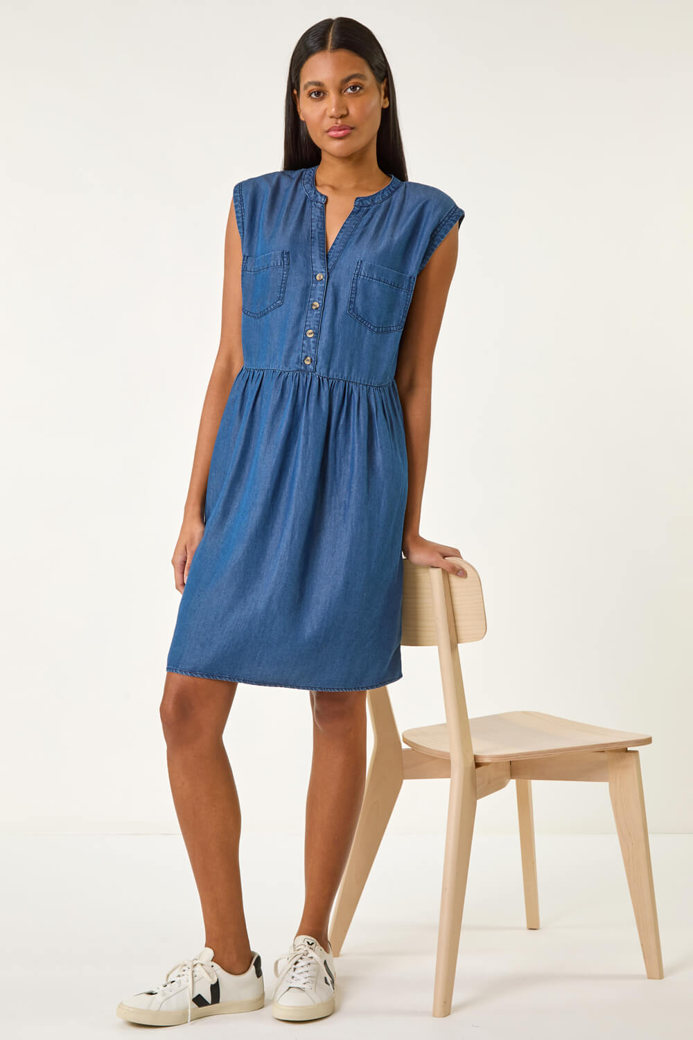 Denim Button Detail Gathered Dress, Image 1 of 5