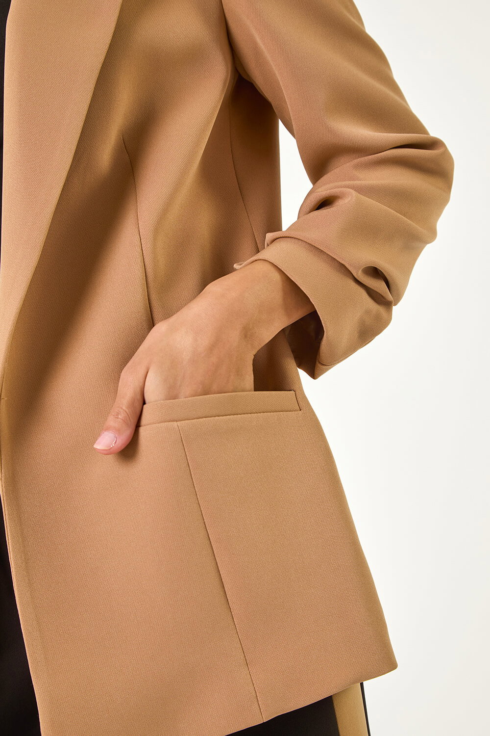 Tan Tailored Ruched Sleeve Stretch Blazer, Image 6 of 7