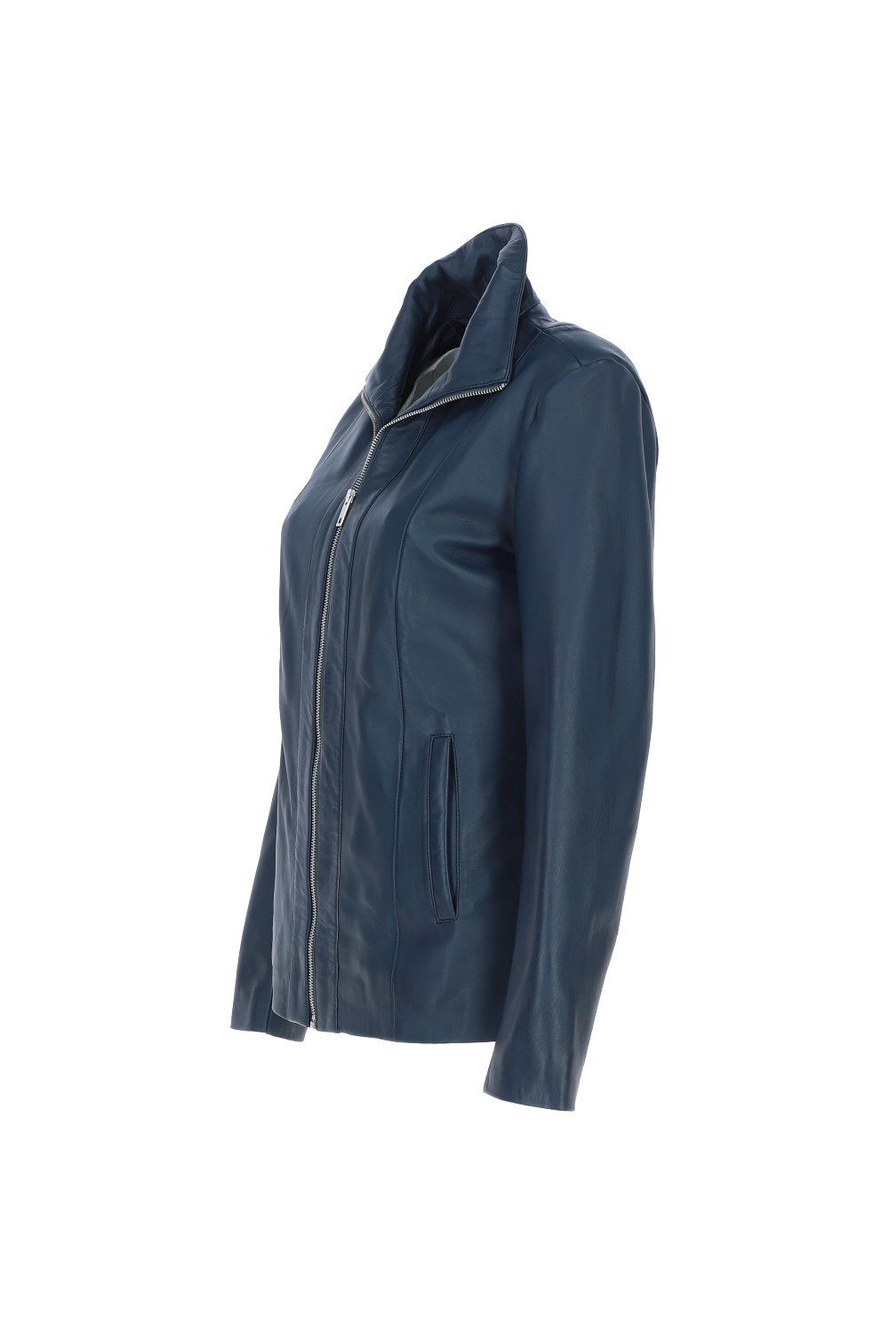 Navy Casual Leather Jacket with Classic Collar, Image 3 of 5