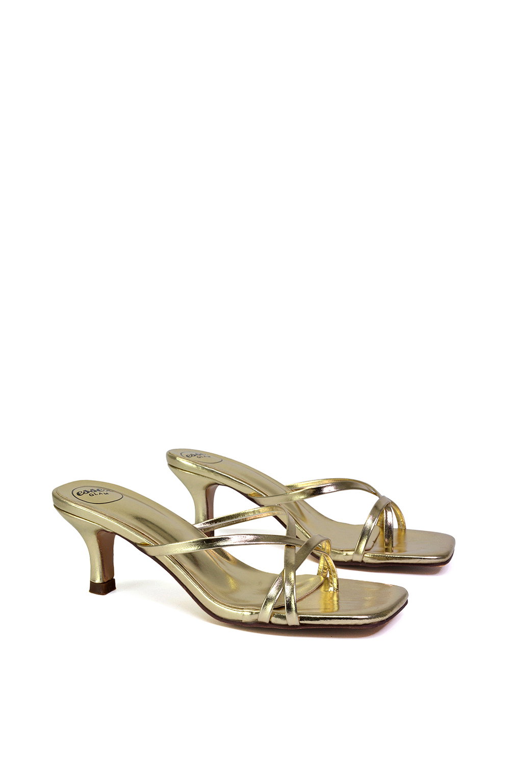 Gold XY LONDON Gold 'Dream' Strappy Square Toe Kitten Heel Slip on Mule Sandals, Image 2 of 5
