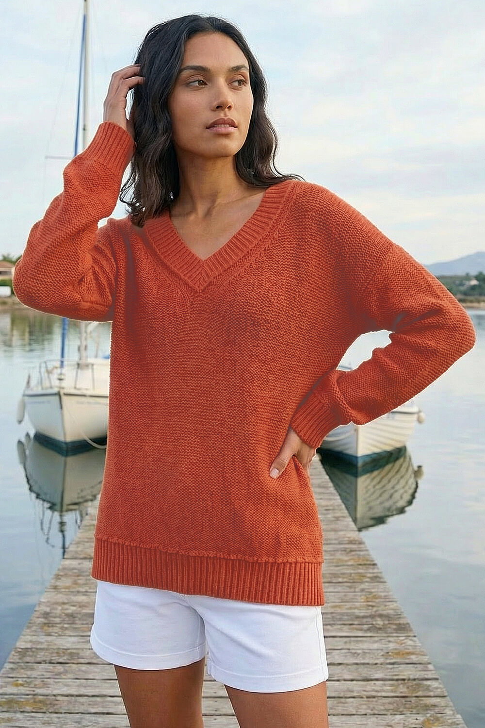 Rust Ribbed V-Neck Boyfriend Jumper, Image 3 of 4