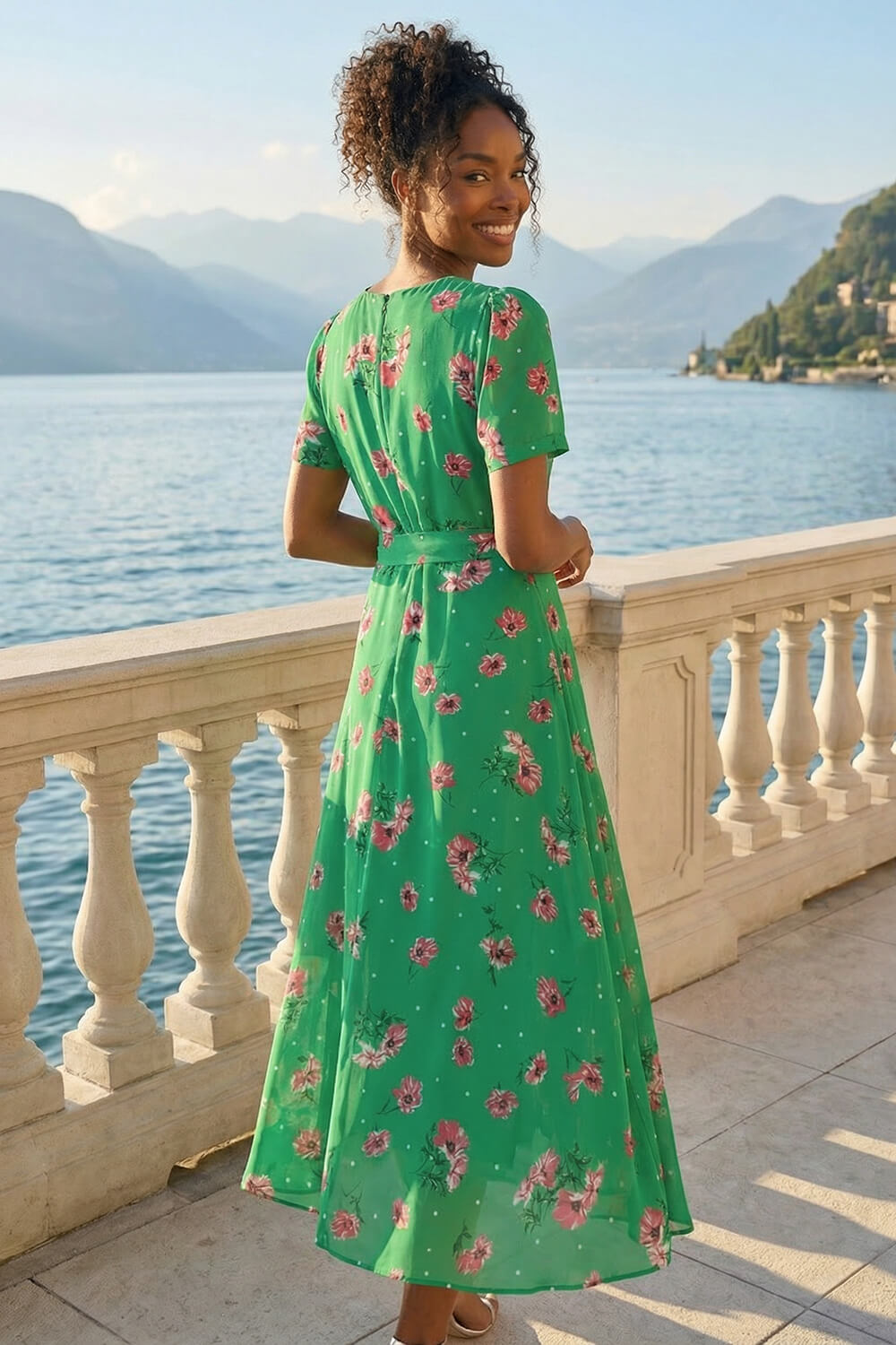 Green Floral Chiffon Pleated Dress, Image 4 of 4