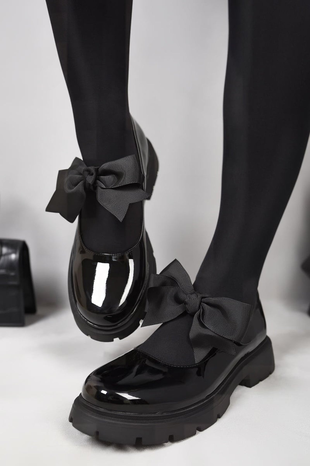 Black Taylee Chunky Sole Patent Ballet Flats With Bow Detail, Image 1 of 4