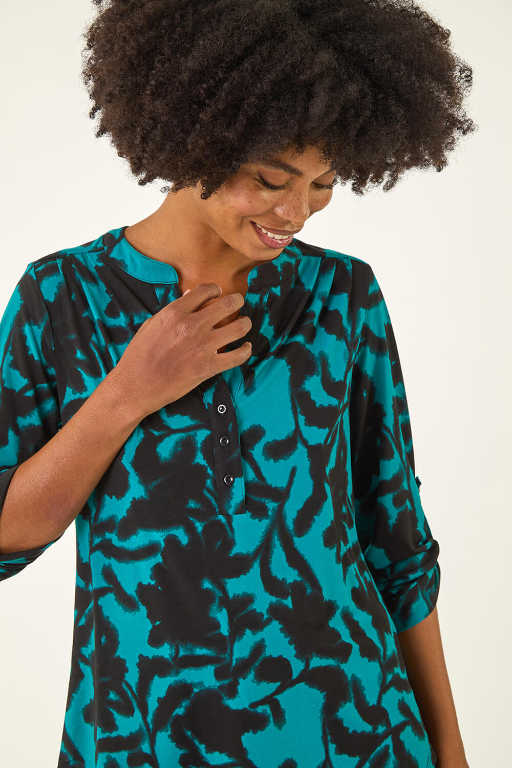 Teal Floral Print V-Neck Stretch Top, Image 5 of 5