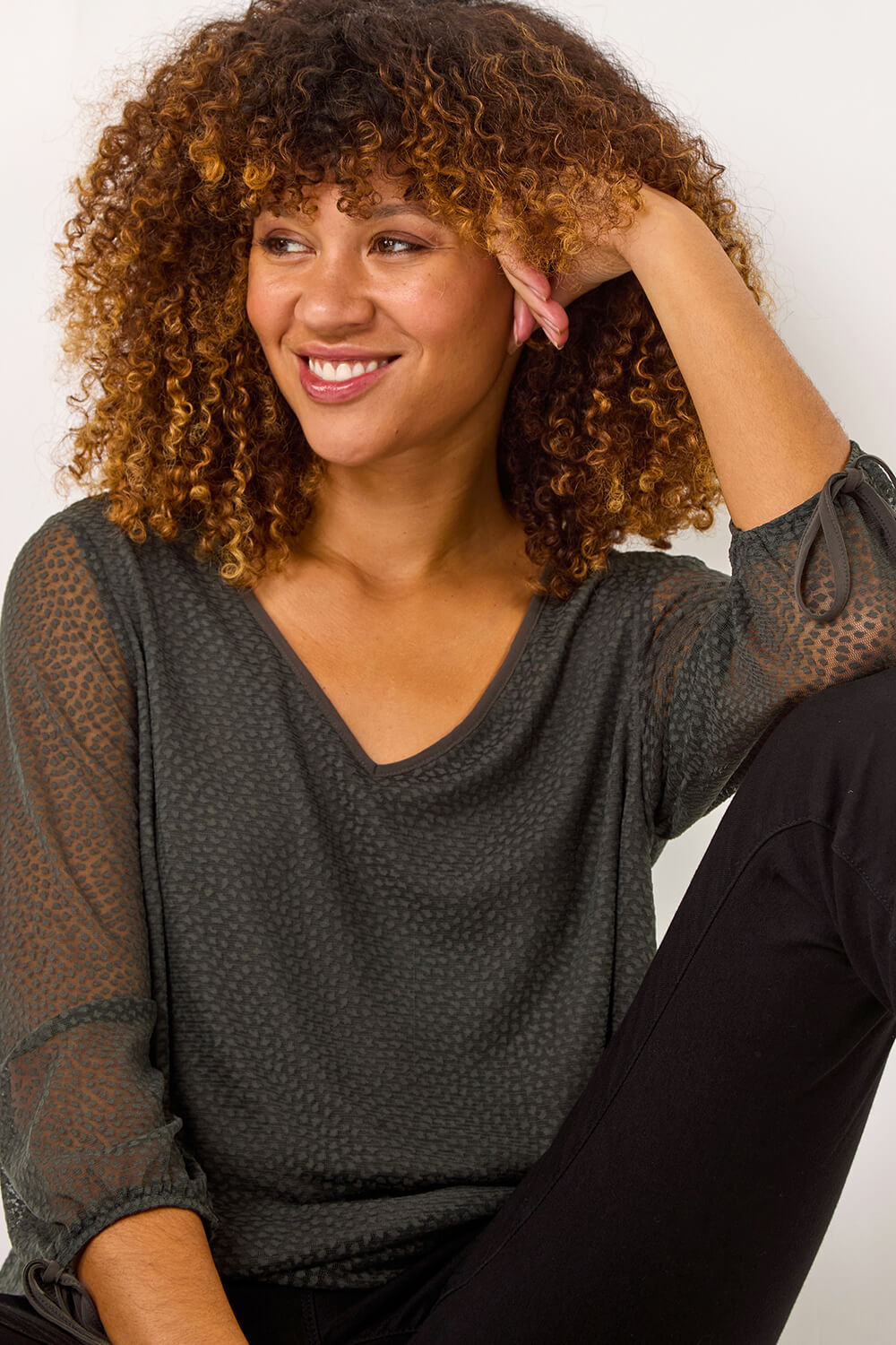 Khaki Burnout Print V-Neck Overlay Mesh Top, Image 1 of 5