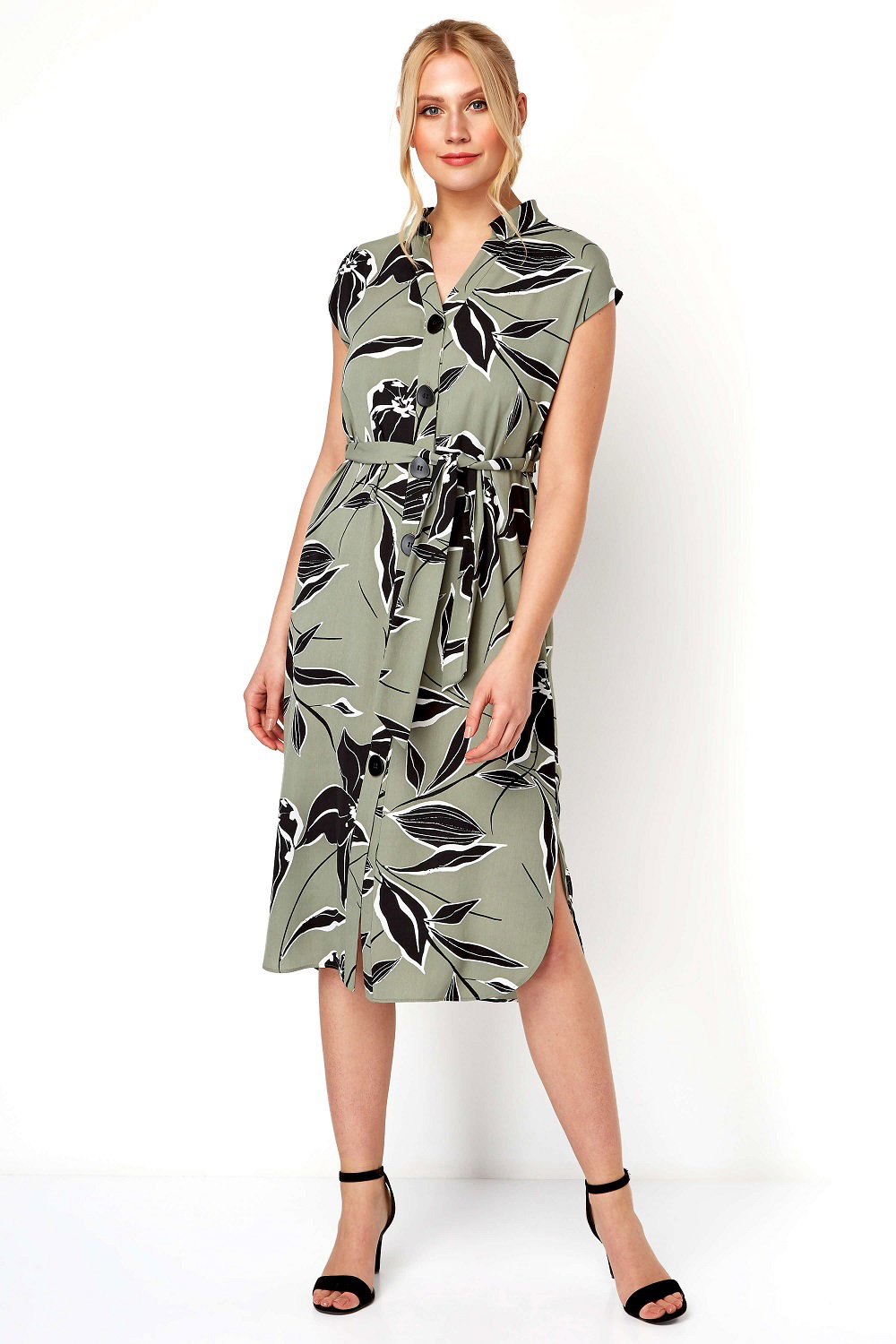 Khaki Floral Belted Shirt Midi Dress, Image 3 of 5