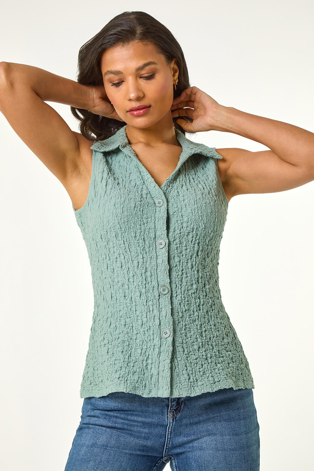 Sage Textured Sleeveless Buttoned Blouse, Image 3 of 5