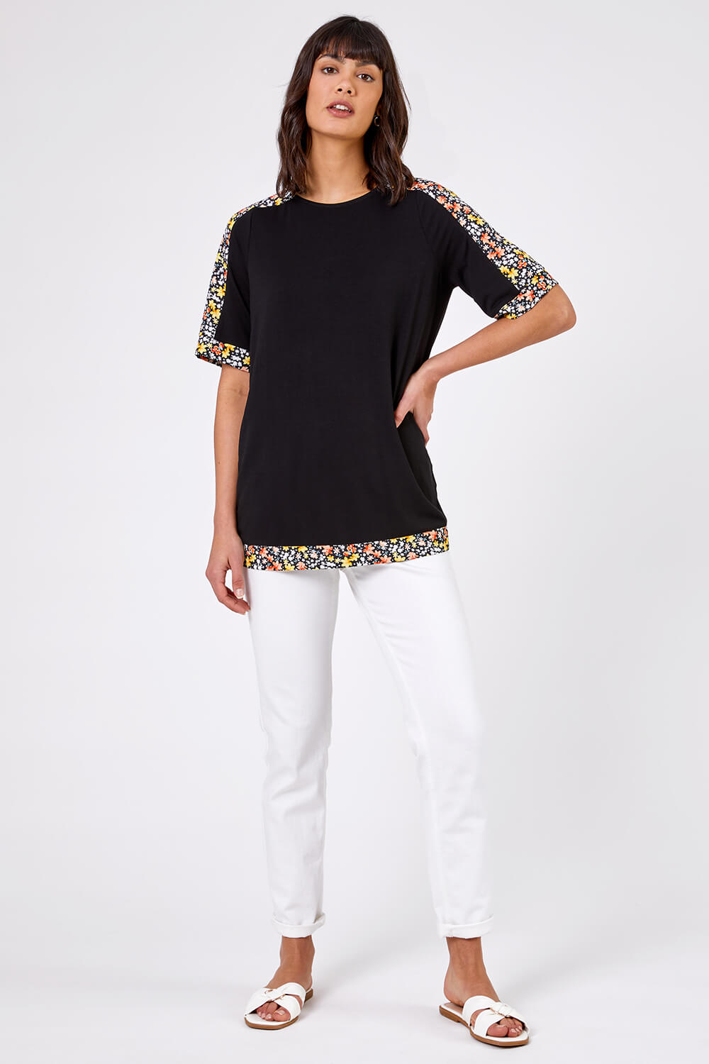Black Floral Print Contrast Jeresey Top, Image 3 of 4