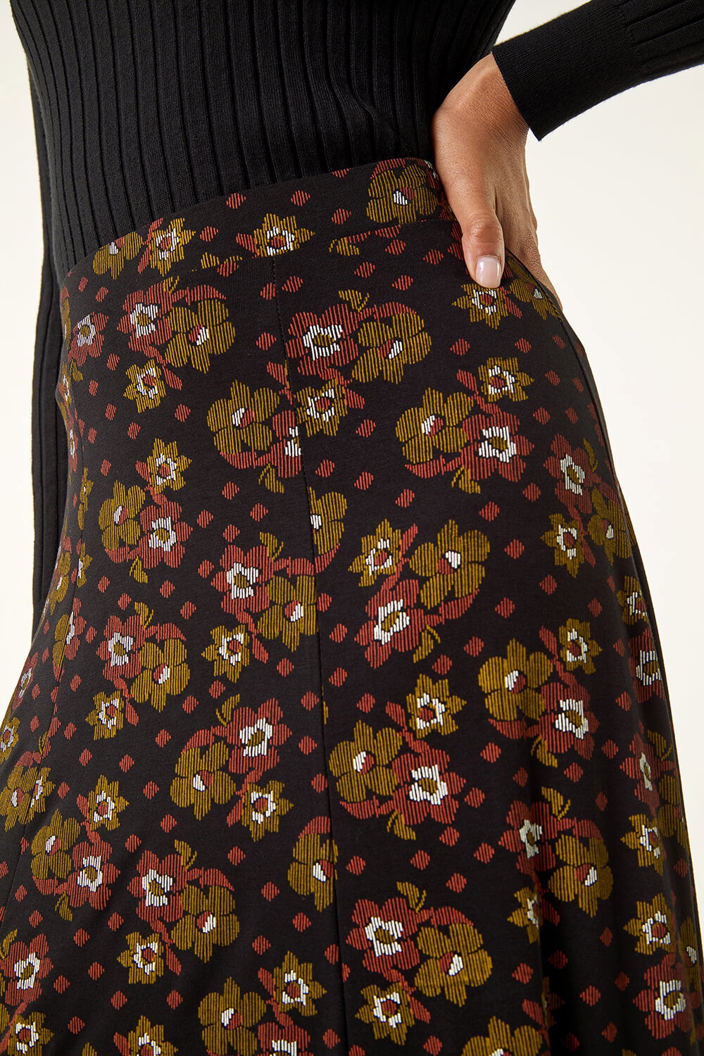 Black Floral Print Stretch Midi Skirt , Image 6 of 7