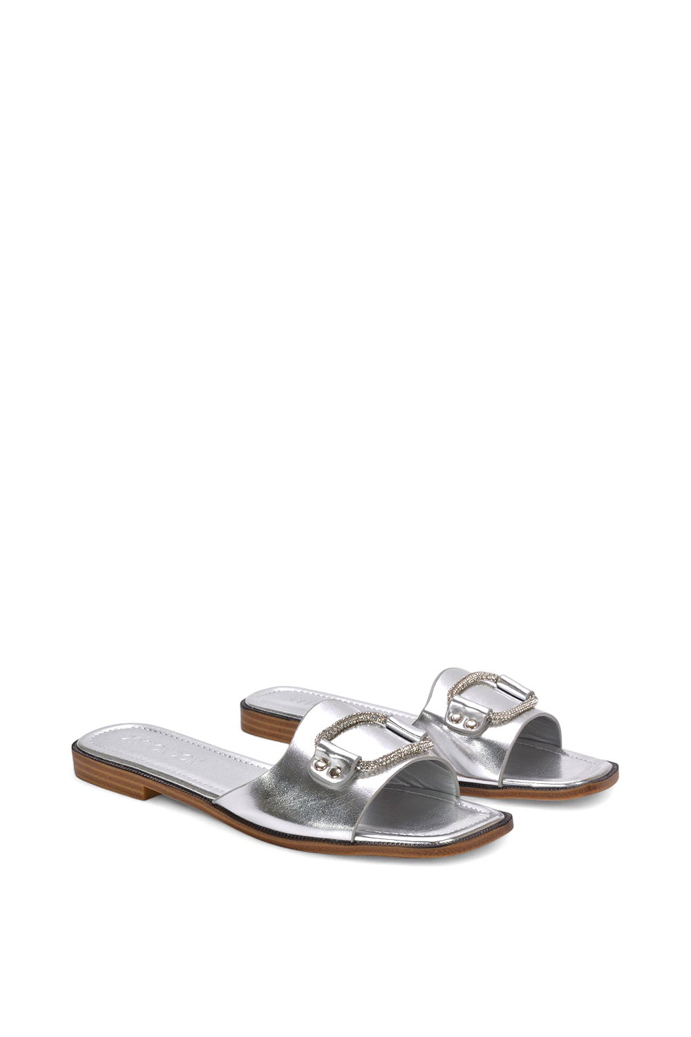 Silver XY LONDON Silver 'Annie' Sparkly Diamante Slip On Flat Slider Mule Sandals, Image 3 of 5