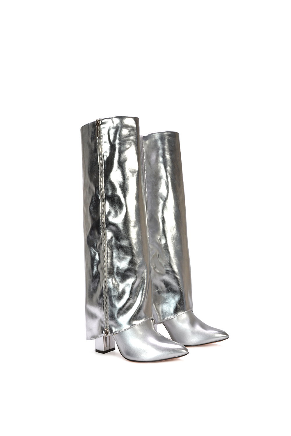 Silver 'Allie' Knee High Boots Fold Over Point Toe Deco Zip, Image 4 of 6
