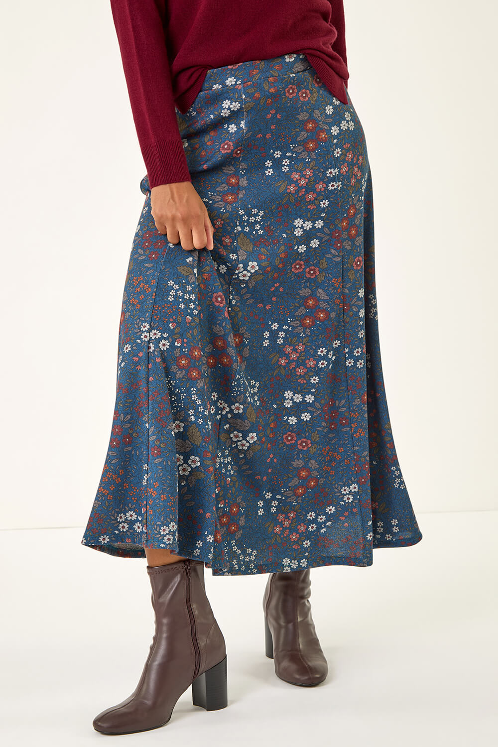 Roman Women's Denim Ditsy Floral Print Stretch Skirt Size 12
