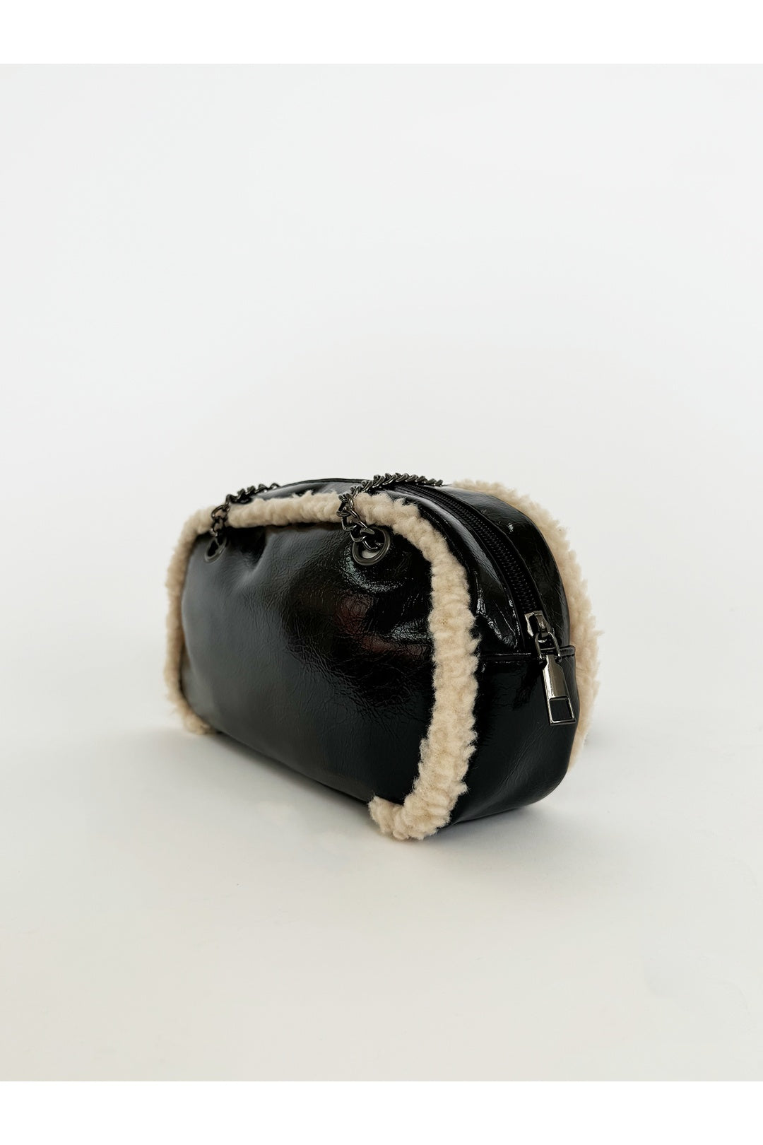 Black Patent Shoulder Bag with Borg Fur Trim, Image 4 of 6