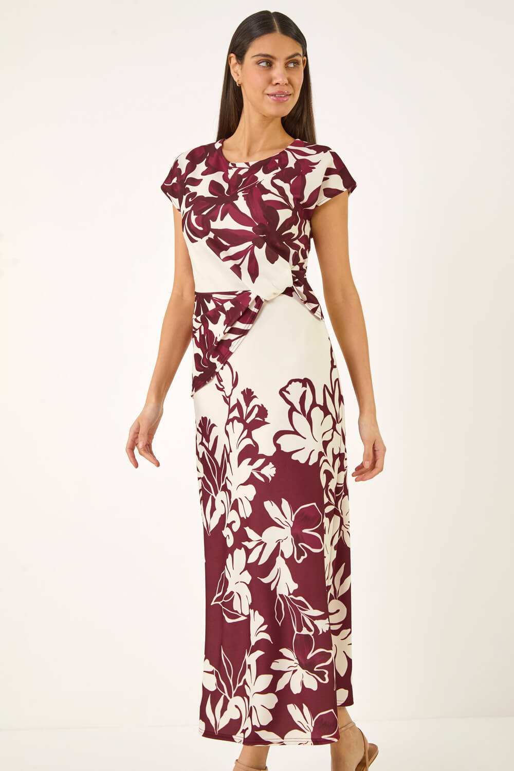 Roman Women's Ivory Floral Print Wrap Twist Midi Dress Size 16