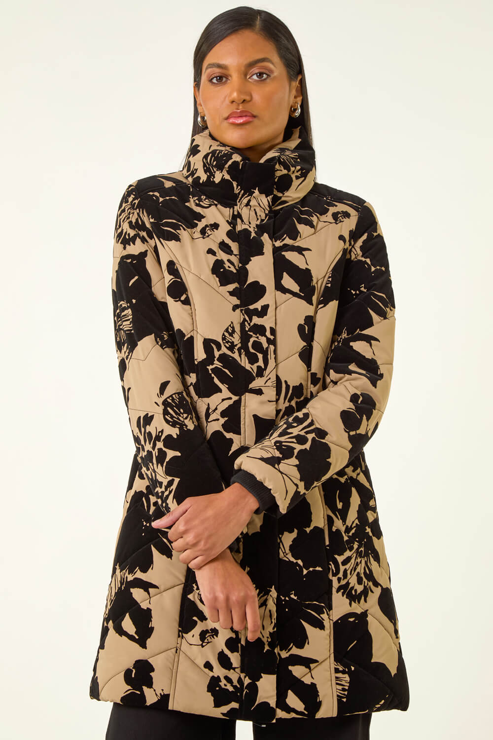 Roman Women's Cream Floral Flock Detail Padded Coat Size 14