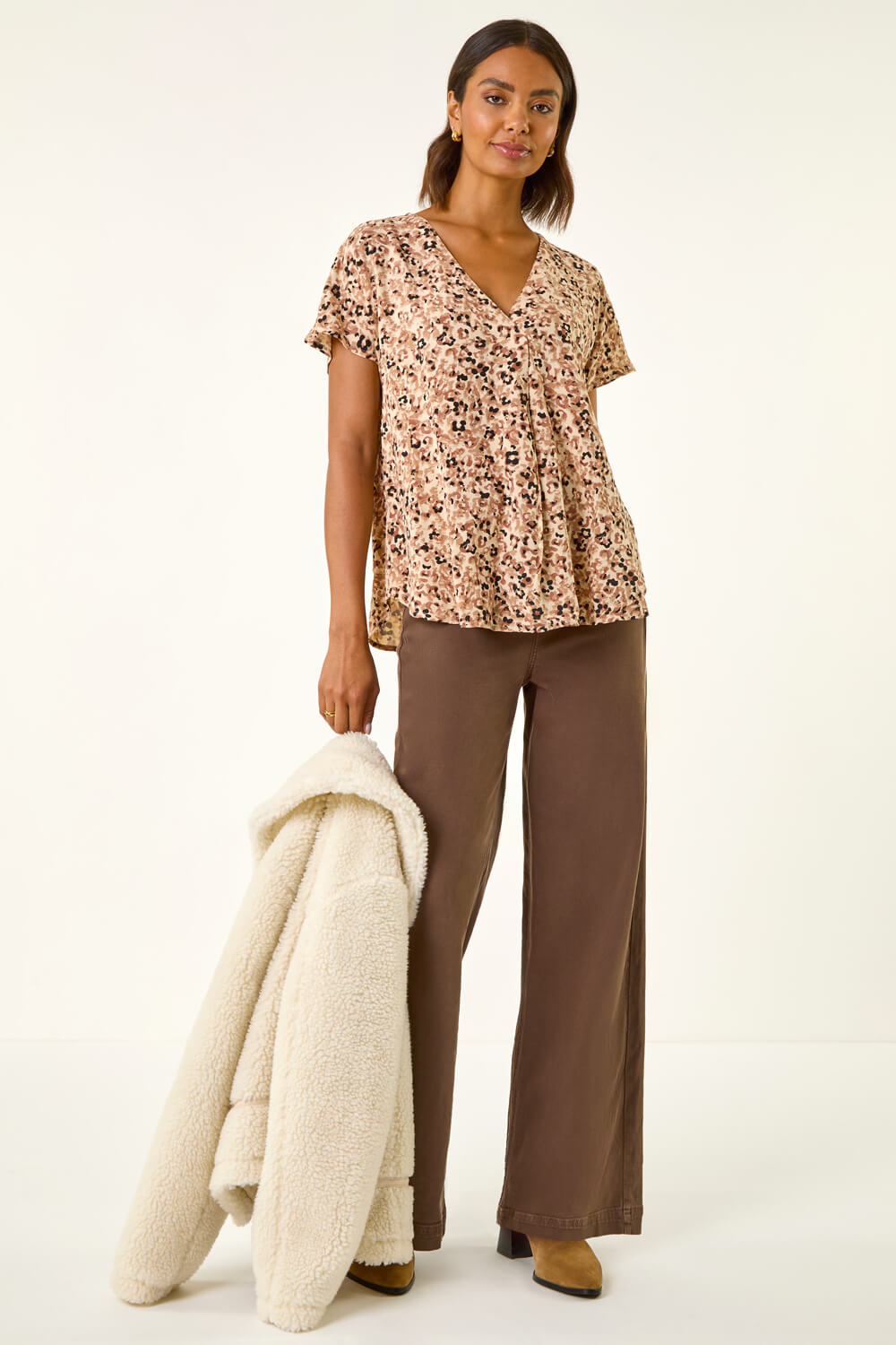 Natural Animal Print V-Neck Pleat Front Top, Image 3 of 5