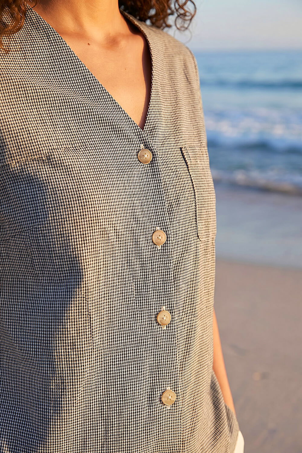 Navy Petite Gingham Buttoned Top, Image 5 of 4