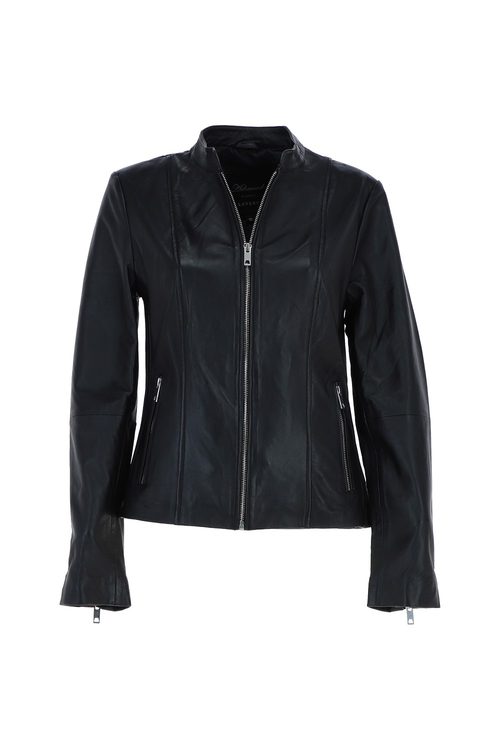 Black 'Kate' Real Leather Mandarin Collar Biker Jacket