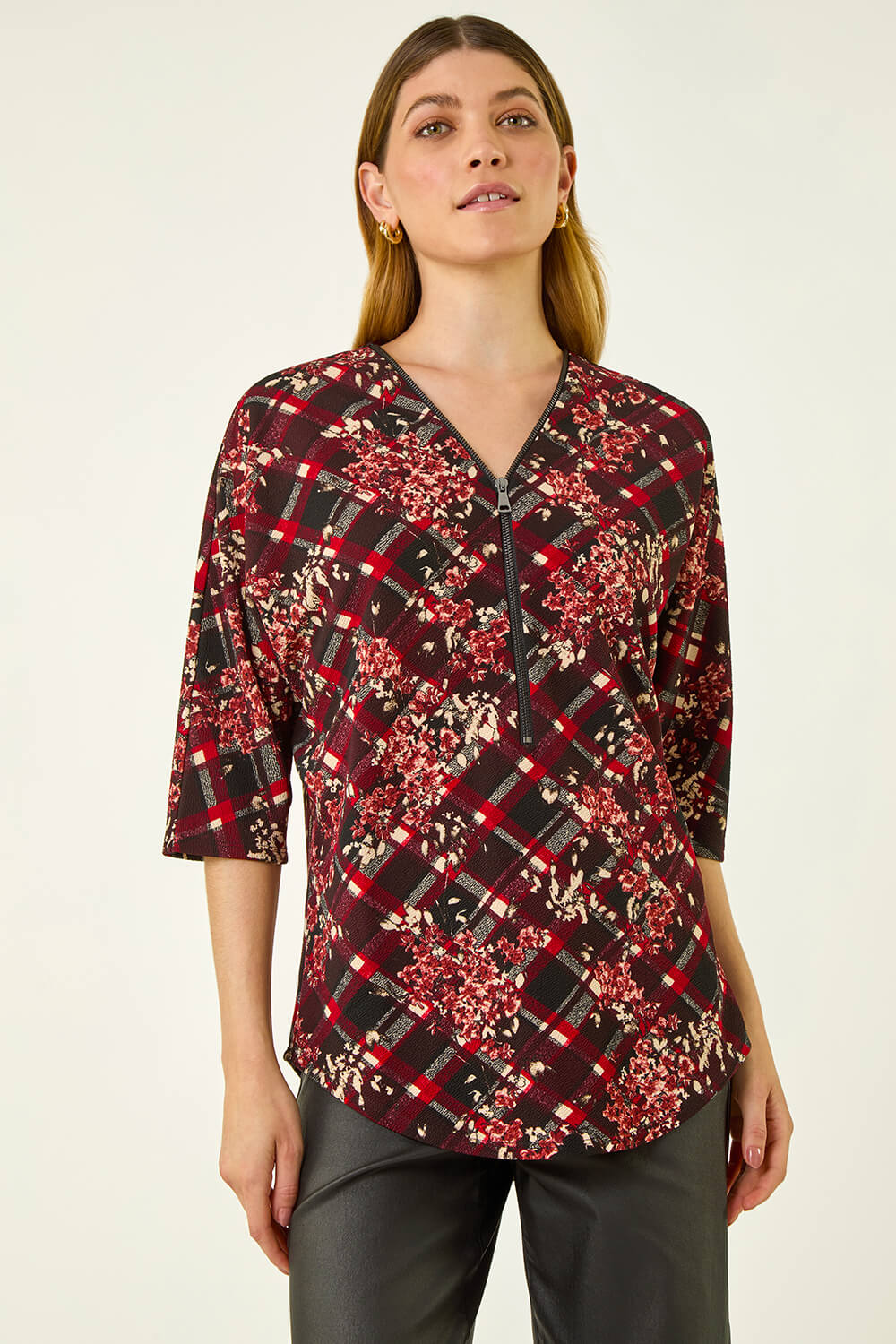 Wine Textured Floral Print Stretch Top, Image 5 of 5