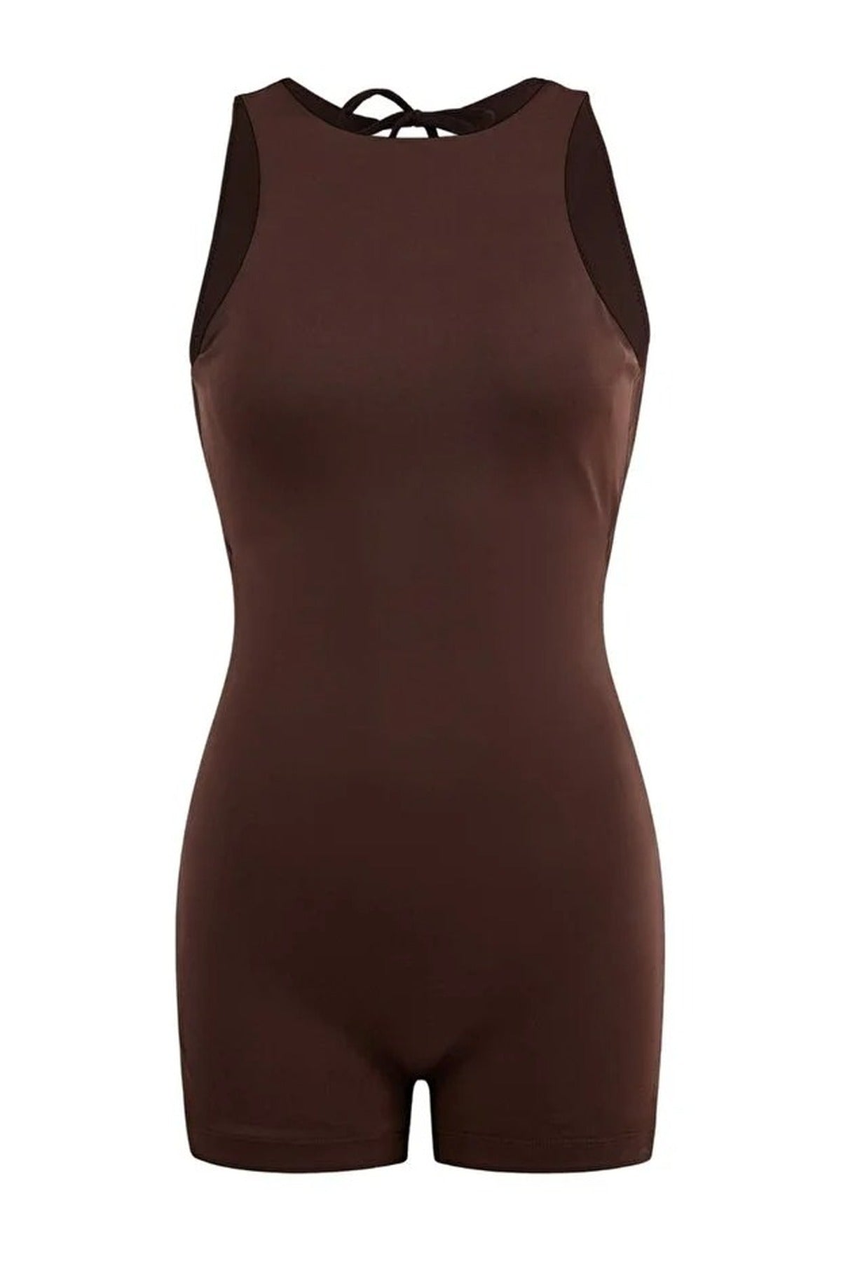 Brown High Neck Sleeveless Fitted Swim Playsuit, Image 1 of 3