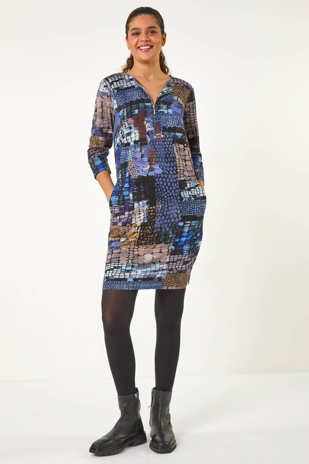 Blue Pebble Spot Zip Detail Midi Dress, Image 1 of 5