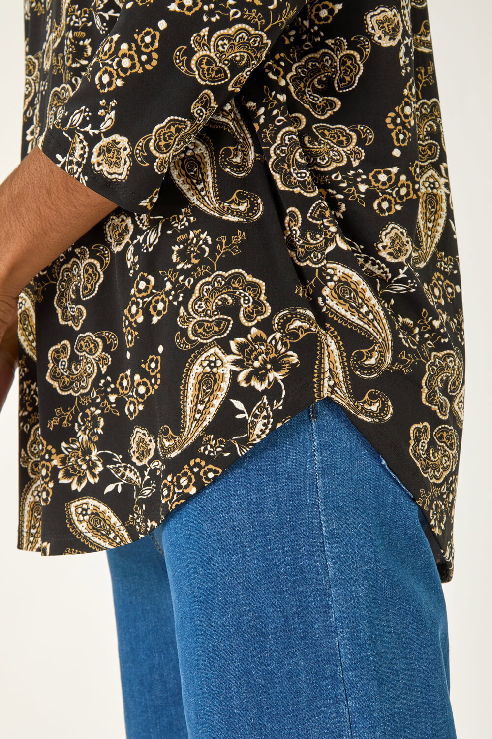 Black Paisley Puff Print Stretch Top, Image 6 of 5