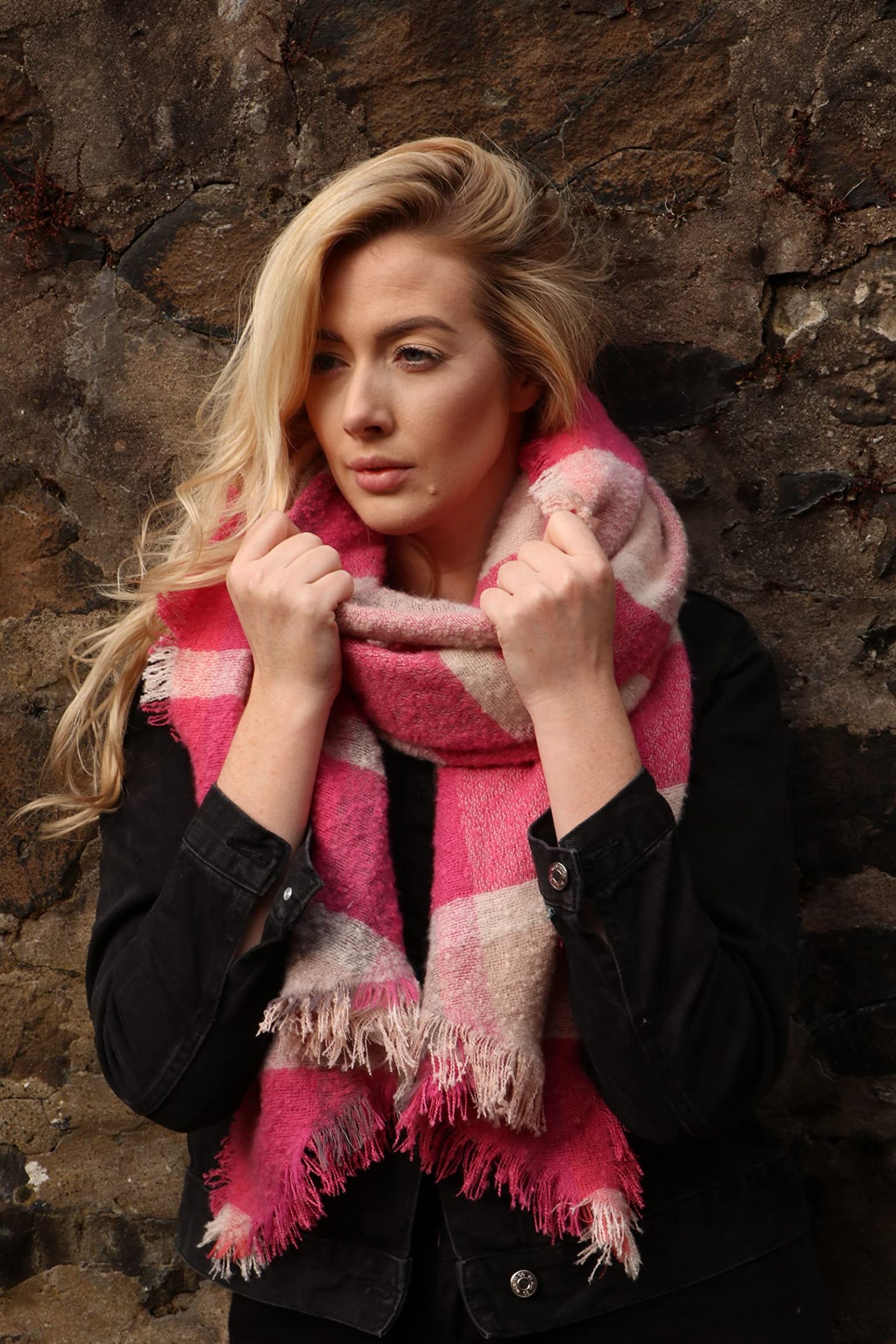 Fuchsia Tartan Plaid Stripe Heavyweight Winter Scarf, Image 2 of 2