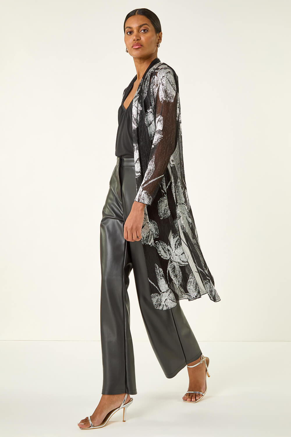 Silver Foil Leaf Print Plisse Kimono, Image 1 of 5