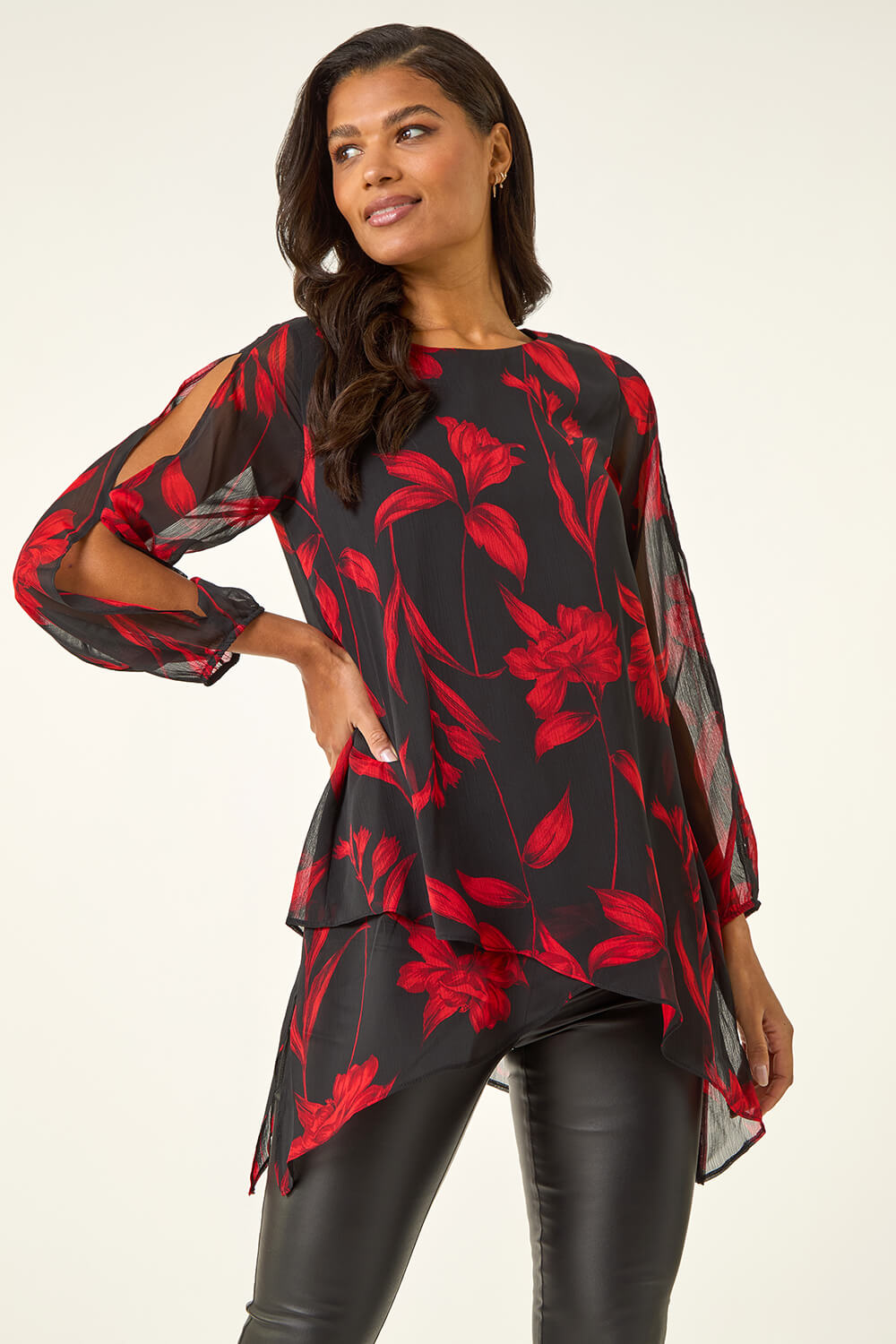 Red Floral Chiffon Layered Tunic Top, Image 1 of 5